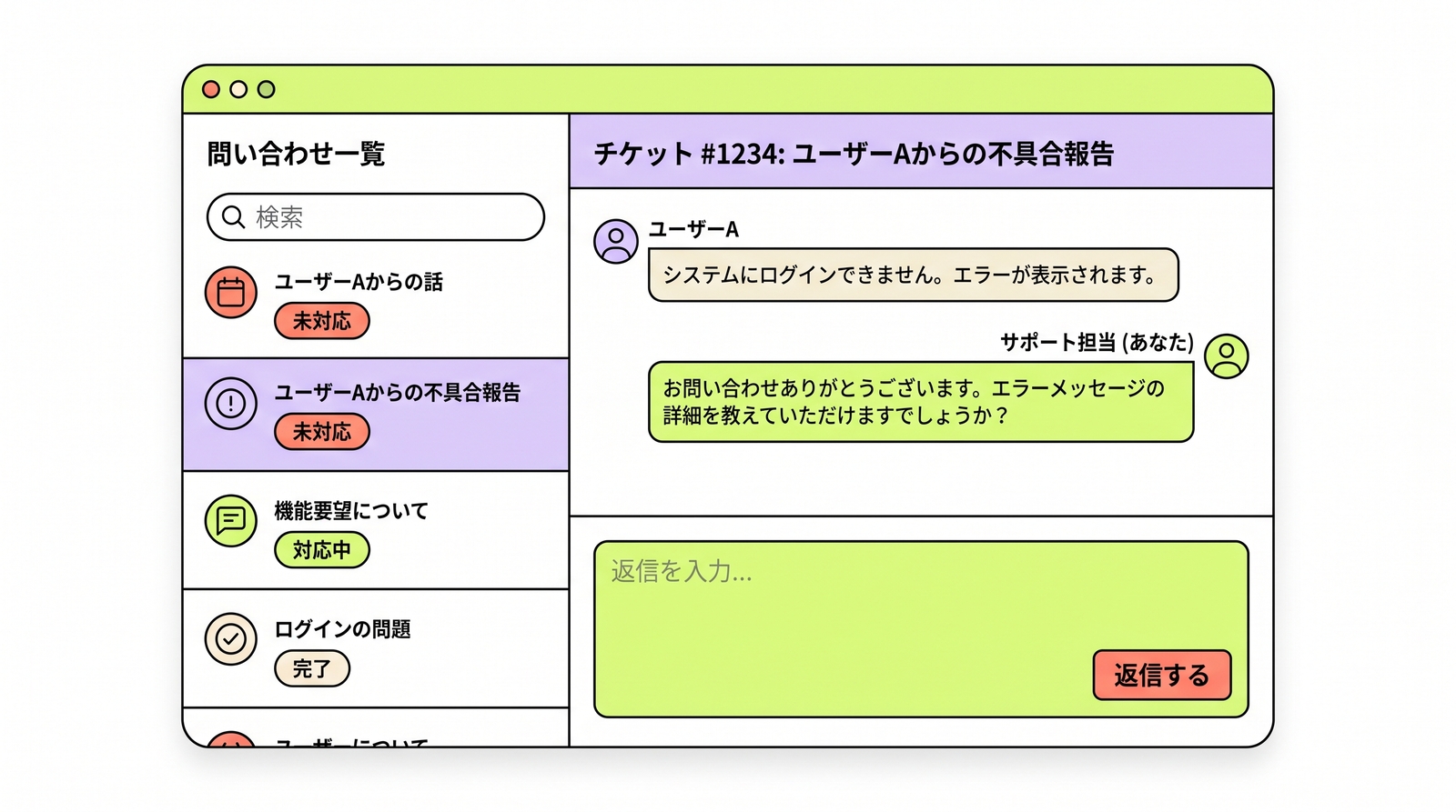 Tisketの管理コンソールで問い合わせチケット一覧と返信スレッドを確認している画面